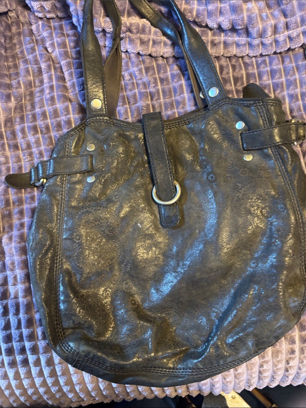 Lucky Brand Black Leather embossed with flowers and paisley. Shoulder bag.